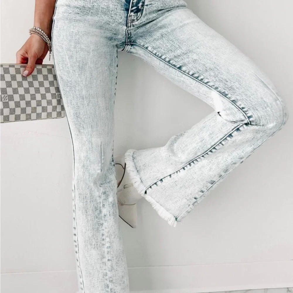Kancan light wash acid wash high rise flare boho bohemian raw hem denim jeans - Picture 5 of 13